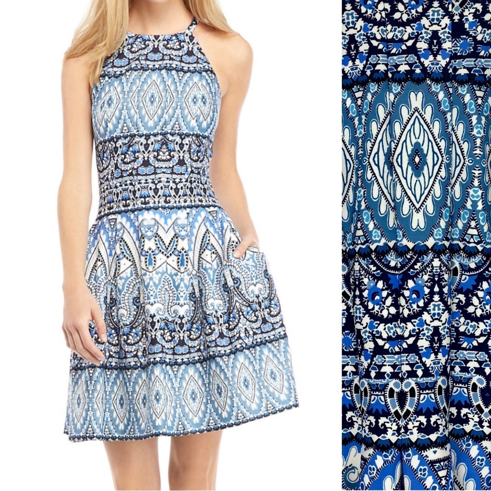 NWT Vince Camuto Halter Neck Fit and Flare Dress in Blue/White Print - Size 6